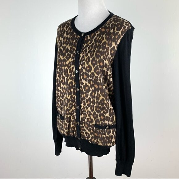 Ann Taylor womens sweater size L black brown cheetah print button down cardigan - Picture 5 of 10